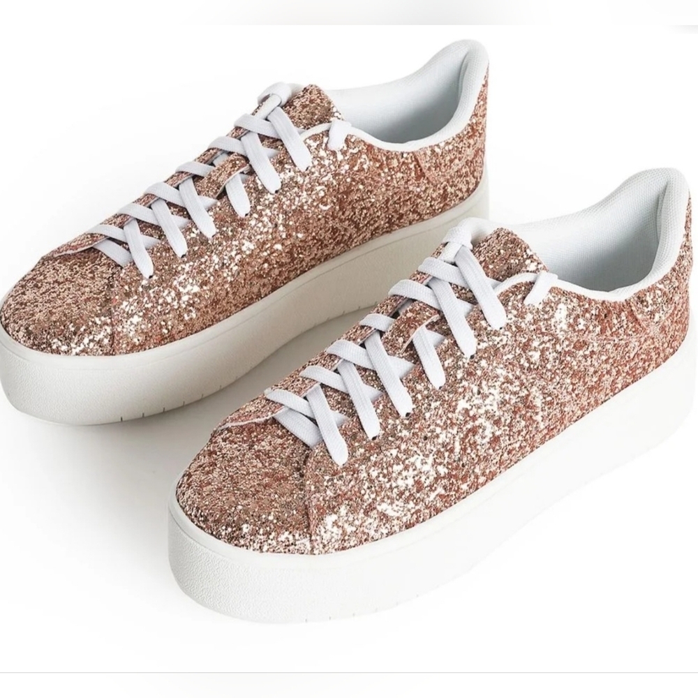 J. Adams Rose Gold Glitter Platform Sneakers Women’s 5.5 Lace Up Fashion...